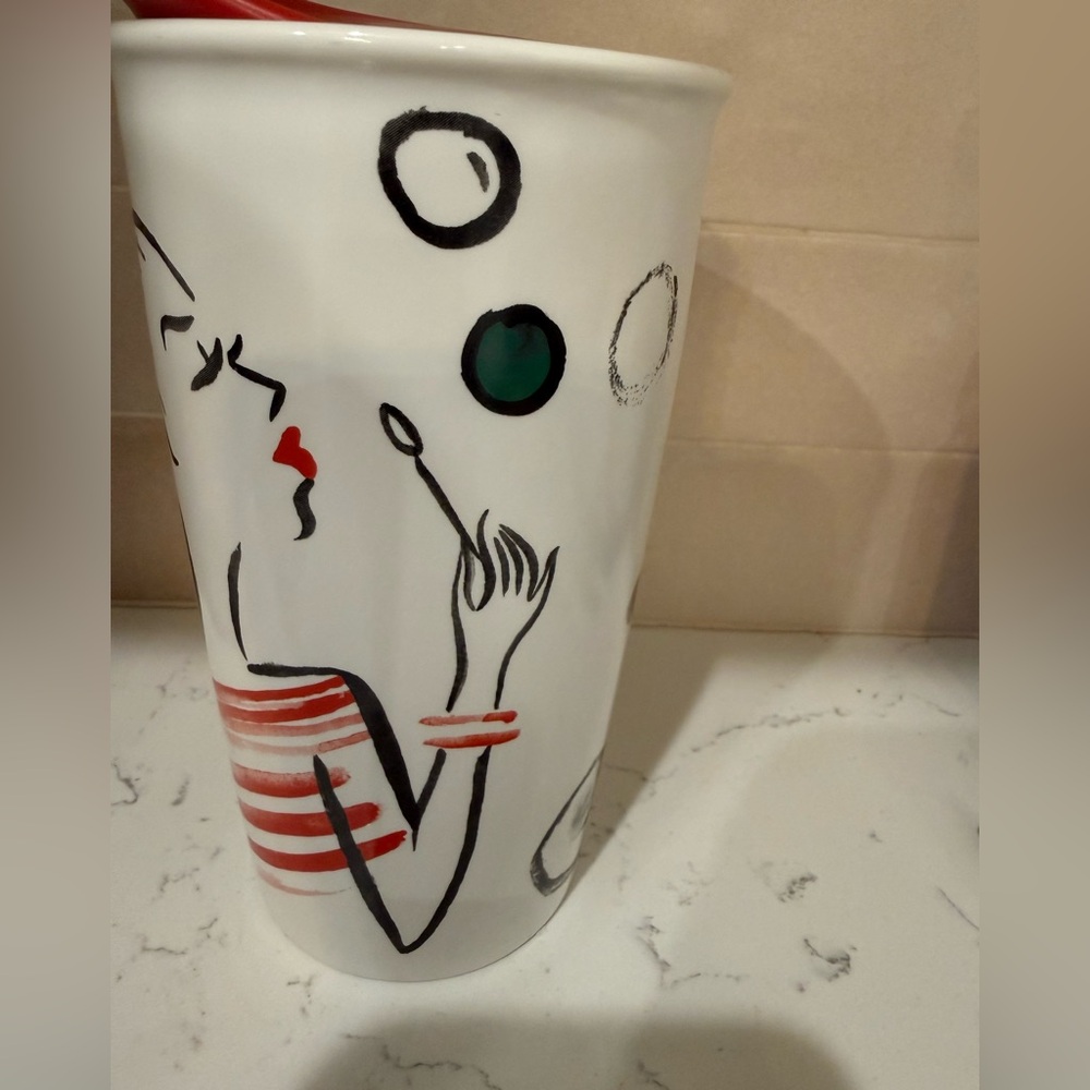 Starbucks 2015 Ceramic Travel Mug Red Lid 12oz Art Design